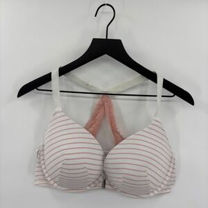 Cacique 40DD Pink Stripe Front Closure Push Up Bra Racerback Lace Detail